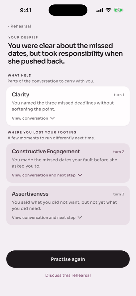 Rehearsal debrief with specific feedback on a practice conversation